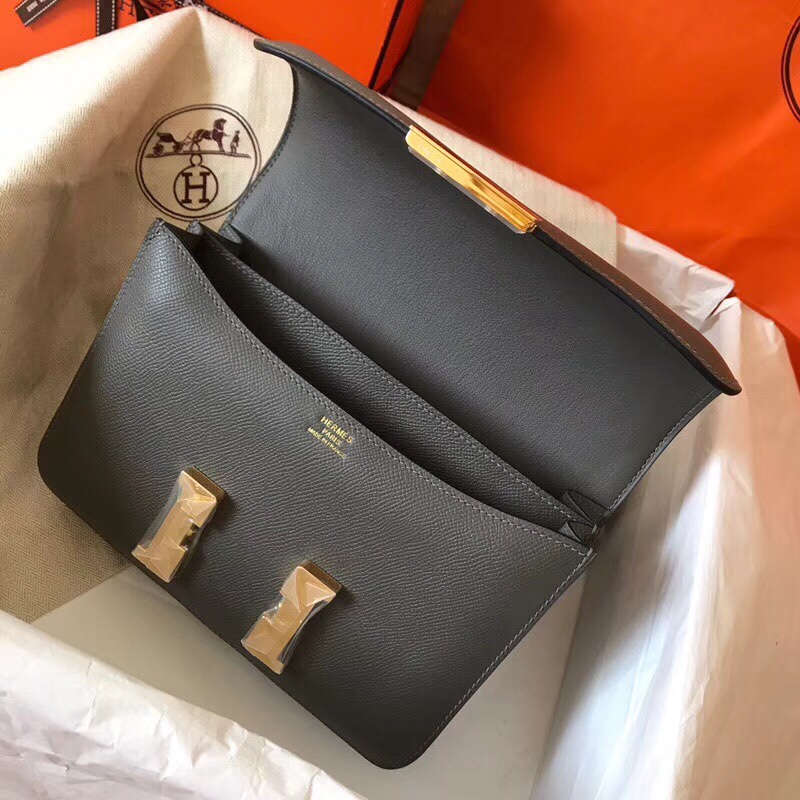 Hermes Constance 24cm Shoulder Bag In Dark Grey Epsom Leather